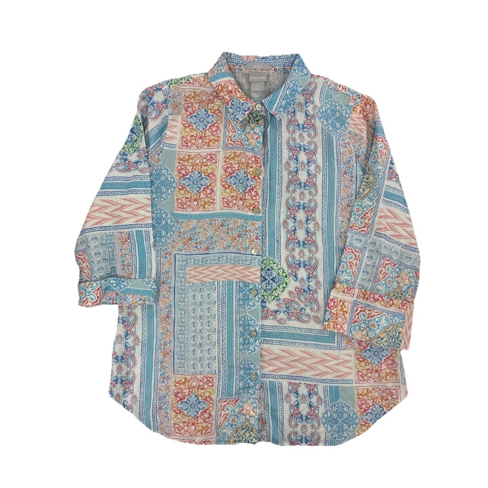 Chico's Top Womens Size 0 100% Linen Blue Pink Button Down Shirt Small Summer